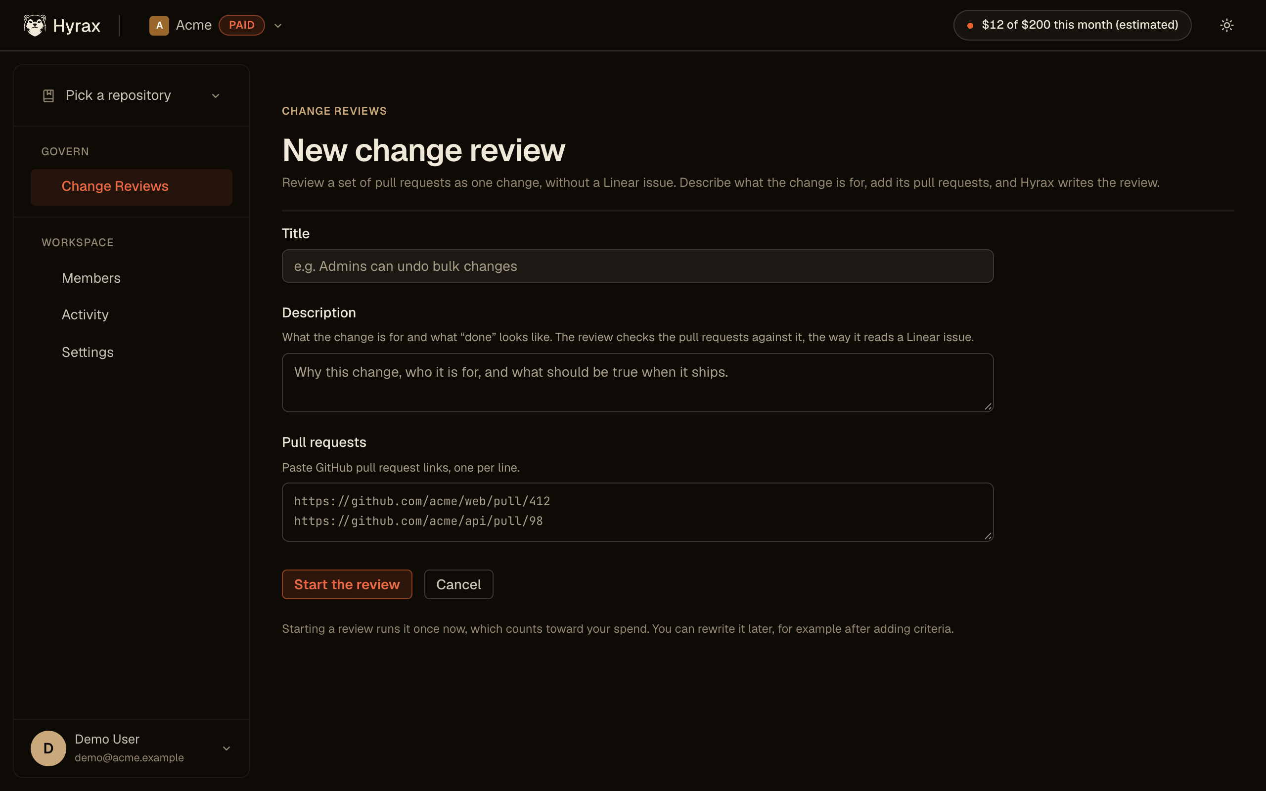Starting a change review from pull request links